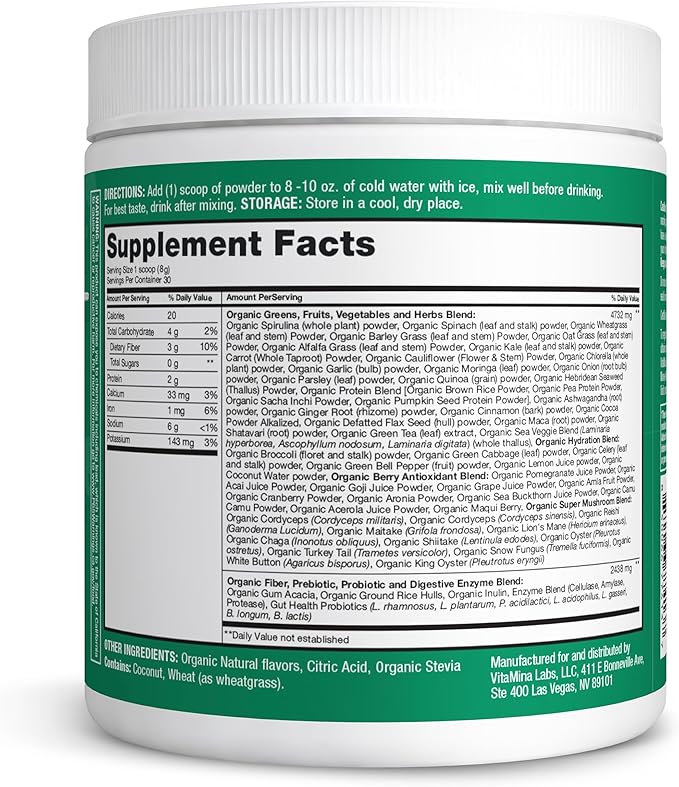 Zena Nutrition Organic Super Greens Powder 70+ Superfoods 0 Sugar 3G Fiber Spirulina Chlorella Mushrooms Prebiotics/Probiotics Digestive Enzymes for Gut Health Mango 30 Servings
