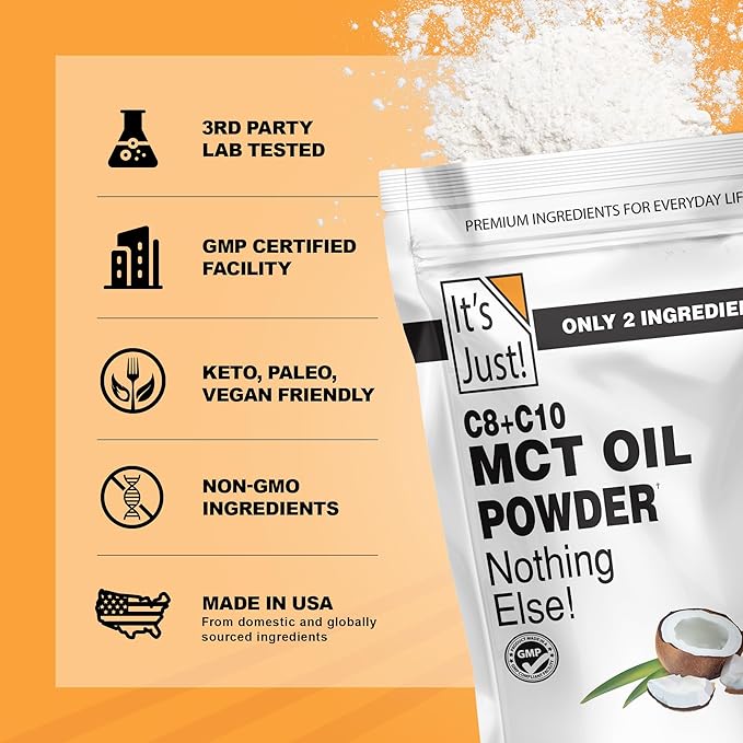 It's Just! MCT Oil Powder With Prebiotic Fiber - Keto Non-GMO C8 C10 Coffee Creamer - 24 oz