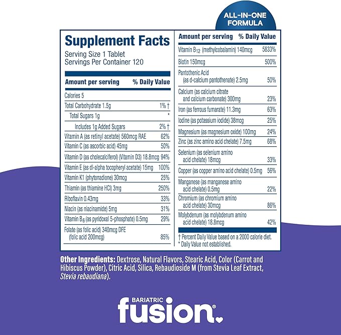 Bariatric Fusion Very Berry Complete Chewable Bariatric Multivitamin with Iron and Vitamin K for Bariatric Surgery Patients Including Gastric Bypass and Sleeve Gastrectomy - 120 Tablets