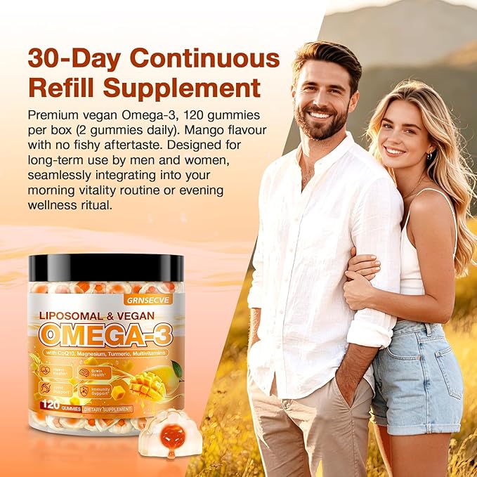 Vegan Omega-3 Gummies - Fish Oil Omega 3 Supplements Alternative for Adults - Algae DHA 600mg &amp EPA 400mg Vitamin D3 K2 - No Fish Taste - for Brain Eye Immune Support - Sugar Free120 Count