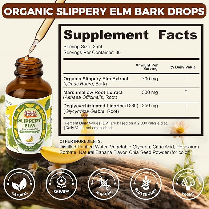 Slippery Elm Liquid Drops Marshmallow Root Slippery Elm Bark Tincture with DGL Licorice Extract Digestive Health Soothing Throat Support &amp Stomach Comfort Vegan 60ML