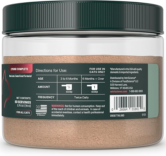 VetriScience Ultimate Strength Lysine Immunity Health Powder for Cats &amp Kittens Supplement for Allergy &amp Nasal Support Sneezing Runny Nose &amp Watery Eyes Chicken &amp Cheese Flavor 60