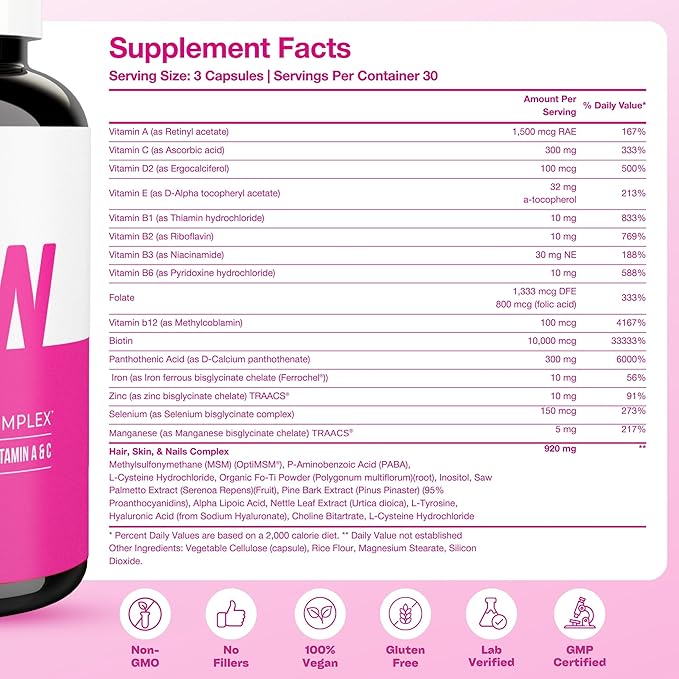 GOBIOTIX Hair Skin and Nails Multivitamin for Women - 10000mcg Biotin Hyaluronic Acid &amp MSM - 28 Vitamins with Folate &amp Iron - Hair Growth Nail Growth - 90 Capsules