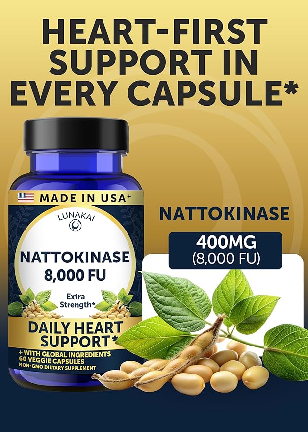 Lunakai USA Made Nattokinase Supplement – 400mg Natto Enzyme 8000 FU per Serving – Heart &amp Circulation Support – Non-GMO 60ct 4000 FU Capsule