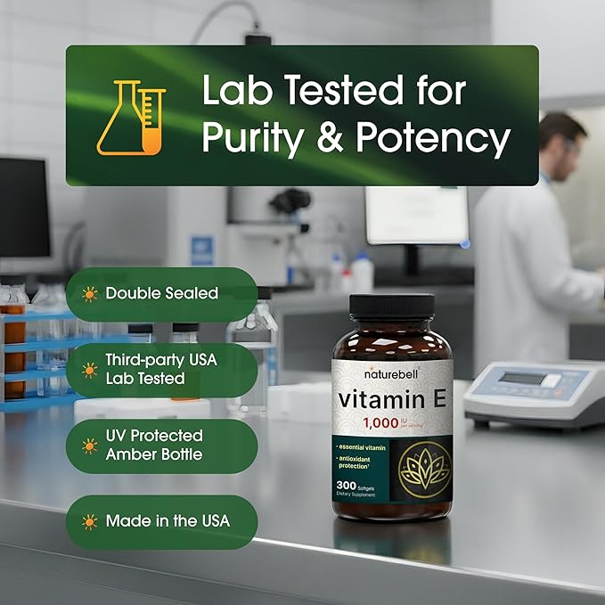 NatureBell Vitamin E 1000 IU Per Serving - 300 Softgels - Antioxidant Supplement for Skin Heart &amp Brain Health Support - High Bioavailability* - Gluten-Free &amp Non-GMO
