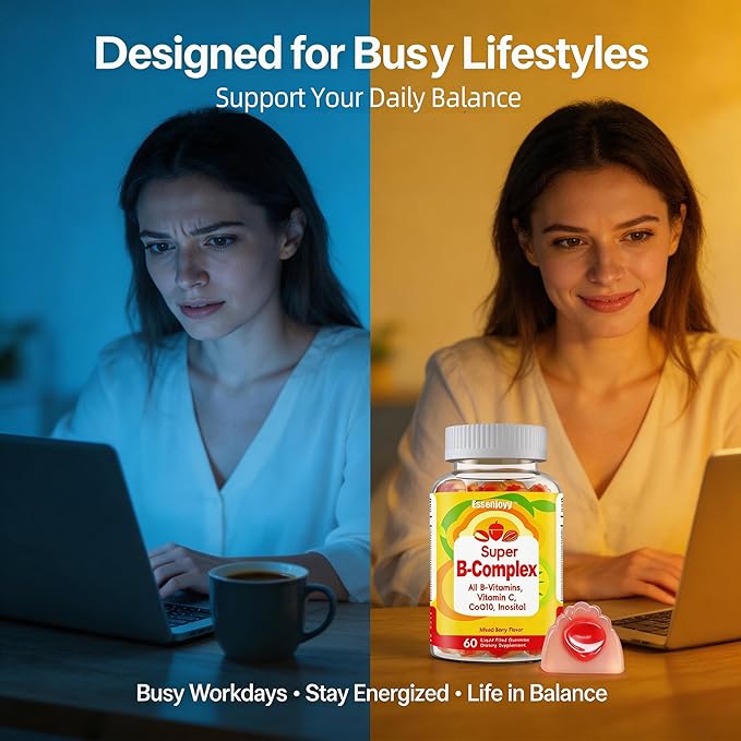 Liquid-Filled B Complex Gummies for Daily Routine Juicy Berry Flavor Complete B Vitamins with Vitamin C CoQ10 &amp Inositol Easy to Enjoy 60 Gummies x 2 (120 Total)