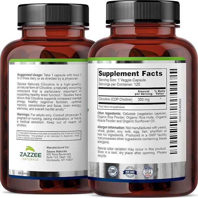 Zazzee Citicoline CDP Choline Capsules and Alpha GPC Choline Capsules