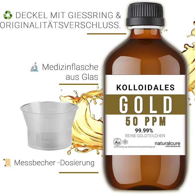 Colloidal Gold Solution - 50 PPM - 500ml - 99.99% Pure - High Purity - 24k - All Natural - Electrolysis Process - Glass Bottle - Ruby Red
