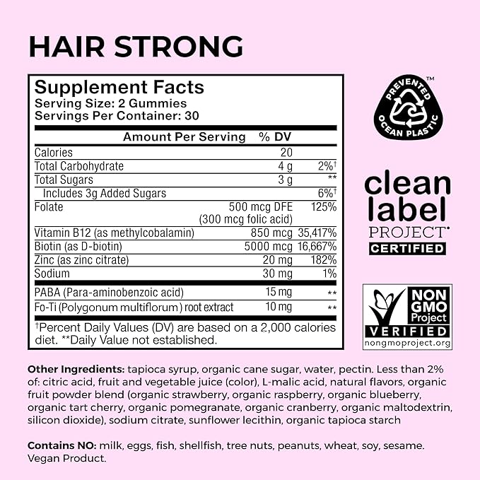 HUM Hair Strong Daily Hair Growth Gummies with Biotin Zinc Vitamin B12 to Support Growth Folic Acid &amp Vitamin B12 Gummy Vitamins for Healthy Hair Support for Women and Men 180 Gummies