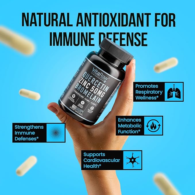 VitaRaw Quercetin with Bromelain 500mg Capsules Supports Immune Response Joint Comfort &amp Overall Wellness - Vitamin C Zinc 50mg &amp Vitamin D3 5000 IU - Immunity Health Pills