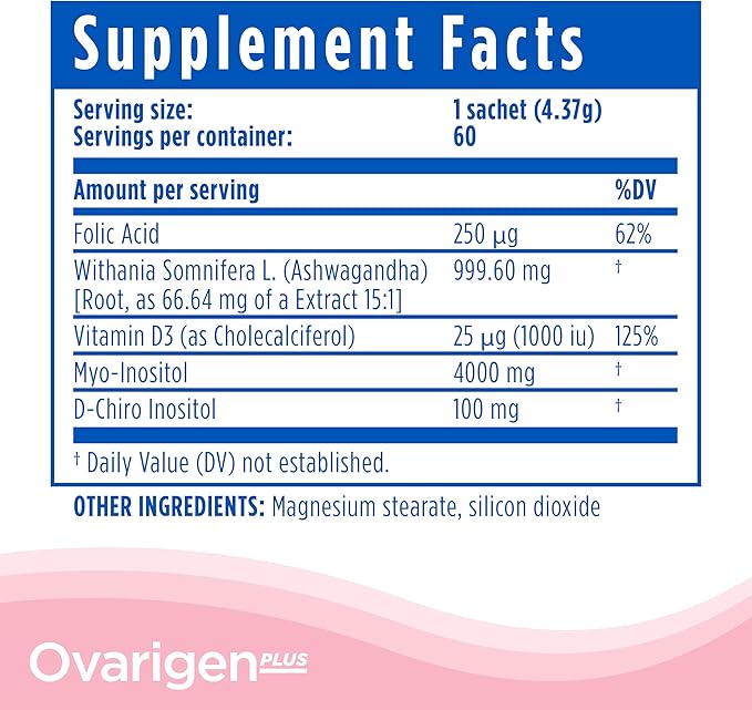 CalmCo Ovarigen Plus Myo-Inositol &amp D-Chiro Inositol Supplement for Women – 40:1 Powder with Folic Acid Ashwagandha &amp Vitamin D3 Fertility Supplements for PCOS Ovarian Support (60 Sachets)