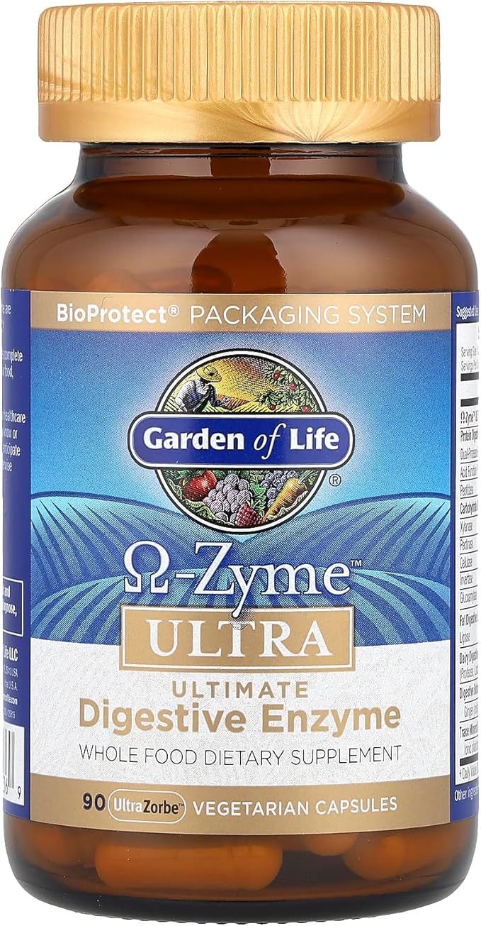 Garden of Life 21 Powerful Digestive Enzymes with Papain Bromelain Lipase Plus Ginger and Turmeric - Omega-Zyme Ultra Enzymes for Digestion Dietary Supplement Vegetarian 90 Capsules