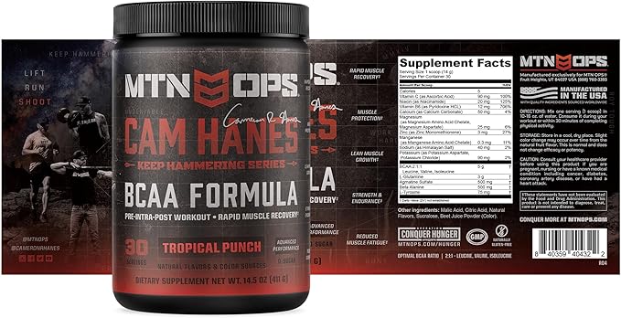 MTN OPS BCAA Powder 2:1:1 Amino Acids Supplement Powder for Rapid Muscle Recovery &amp Repair with Zero Sugar &amp Gluten Free - 30-Servings Tropical Punch Cameron Hanes Keep Hammering Series