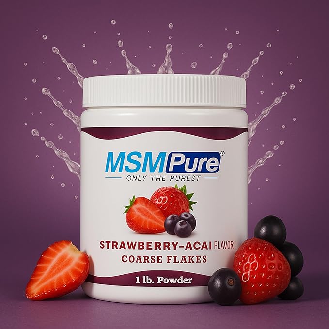 KALA HEALTH MSMPure Strawberry Acai Flavored Coarse MSM Powder Flakes – US-Made MSM for Joint Health Skin Appearance and Hair &amp Nail Support – 8.8 oz Organic Sulfur