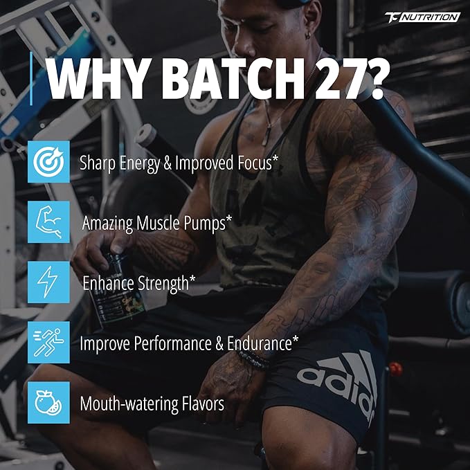 TC Nutrition Batch 27 Pre Workout Powder - 8g Citrulline 3.5g Beta Alanine 2.5g Betaine 325mg Caffeine | Instant Energy Focus Pumps &amp Strength | Nitric Oxide Booster 20 sv (Blue Slushie)