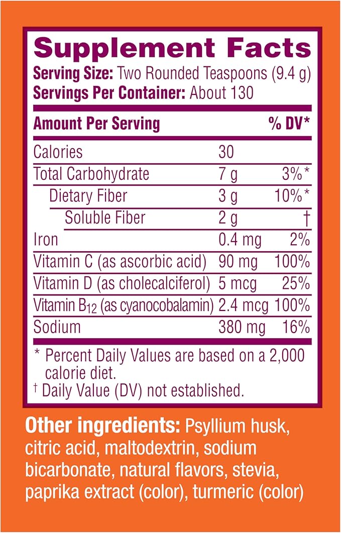 Metamucil Fizzy Fiber Supplement + Metabolism Plant Based Psyllium Fiber Powder with B12 for Metabolism of Fats and Proteins Daily Supplement for Regularity Citrus Flavored Sugar-Free 130 Serving