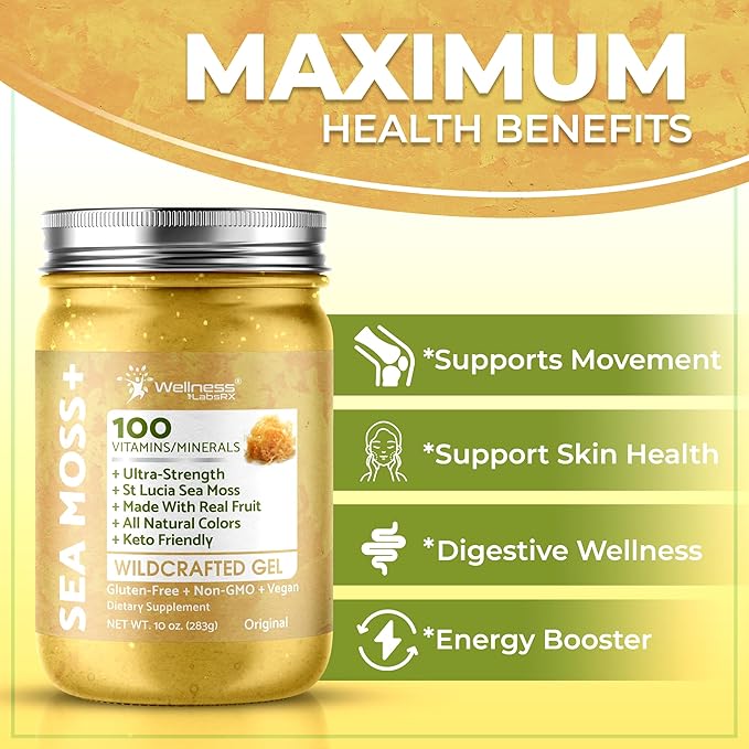 WELLNESS LABSRX Irish Sea Moss Gel Raw - Wildcrafted Superfood Seamoss Gel - Original Flavor Vitamin and Mineral-Rich from Pristine Caribbean Waters Immune and Digestive Health Support - 10 oz.