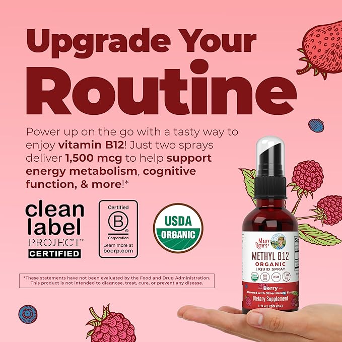 MARYRUTH'S Organic Methyl B12 Spray | 1500 mcg B12 Per Serving | Methylcobalamin | Energy Metabolism | Cognitive Function | Neuro Health | Vegan | Gluten Free | Sugar Free | 1 Fl Oz