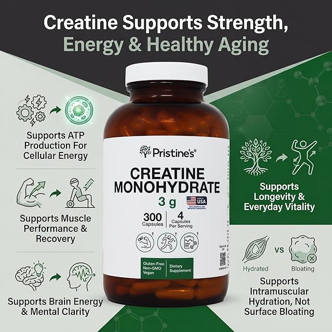 PRISTINE'S Creatine Monohydrate Capsules for Women &amp Men - NSF Certified 75 Day Supply 3G Creatine Pills for Women - Cognitive &amp Athletic Performance Support - Enhanced Recovery Glass Bottle