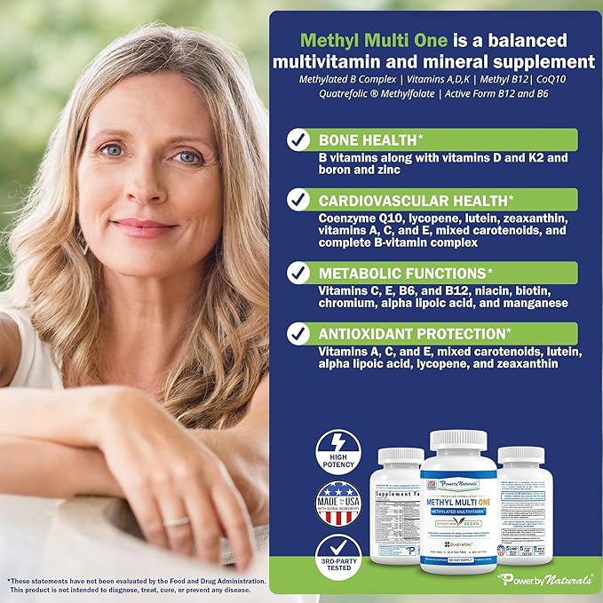 Power By Naturals Methyl Multi One – Iron-Free Methylated Multivitamin with Methyl B12 5-MTHF CoQ10 &amp Zinc – Methylation Support for Men &amp Women – 120 Capsules 2-Pack (4-Month Supply)