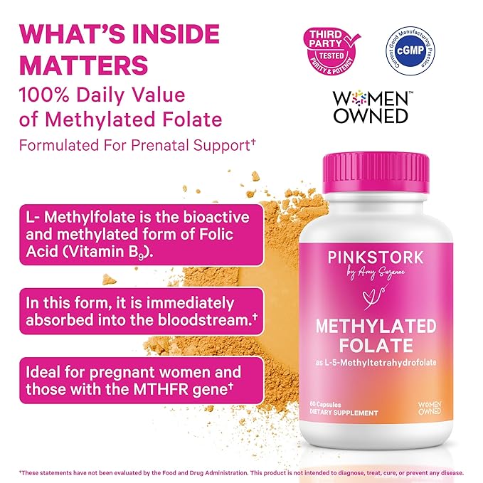 Pink Stork Folate: Methyl Folate - MTHFR Acid Natural Form of Folic Acid for Pregnancy Formulated for Mom + Baby Women-Owned 60 Capsules (Packaging May Vary)