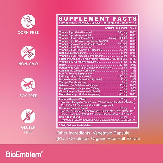 BioEmblem Women's Multivitamin - Complete Daily Multi for Immunity Energy Hair Skin with Vitamin A B12 B6 D3 Biotin Iron Magnesium Collagen and Veggie Blends - Gluten Free - 90 Capsules