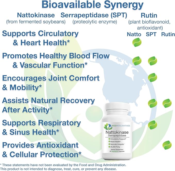 Nattokinase Serrapeptidase – with Nattokinase (20000 FU/g) + Rutin | Supports Heart &amp Circulatory Health* | Non-GMO | 60 Vegetarian Capsules