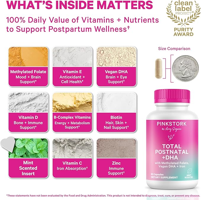 Pink Stork Total Postnatal Vitamins for Women | Vegan DHA Iron Folate B12 | Postpartum Recovery Essentials | Lactation Support for Breastfeeding Moms | Clean Label Award Winner - 60 Capsules Mint