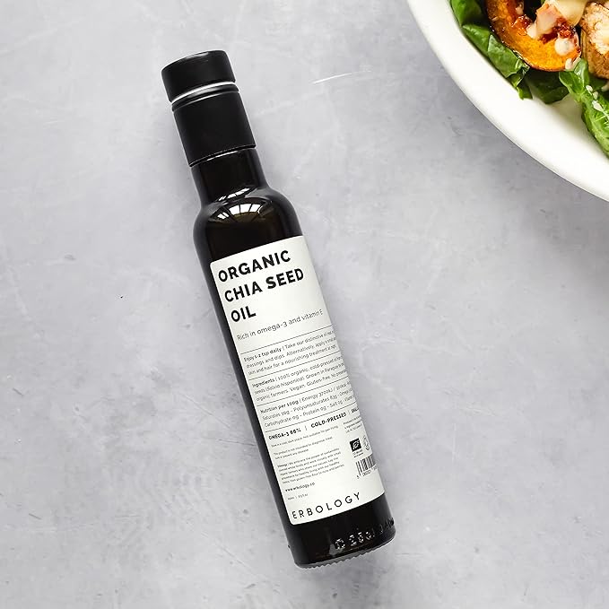 Erbology Organic Chia Seed Oil 8.5 fl oz - Cold-Pressed - Rich in Omega-3 (66%) and Vitamin E (330% RI) - No Additives or Preservatives - Sustainably Sourced - Vegan - GMO-Free