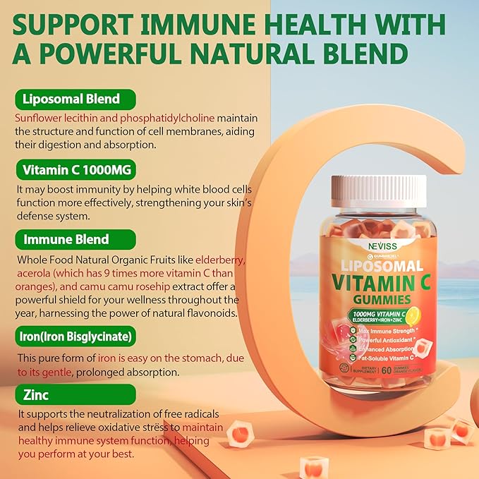 Liposomal Vitamin C 1000mg Gummies for Adults - Vitamin C Chewable with Elderberry Zinc &amp 8mg Iron Sugar Free Vit C Supplements Daily Immune Support Gummies for Energy Collagen Booster 120 Co
