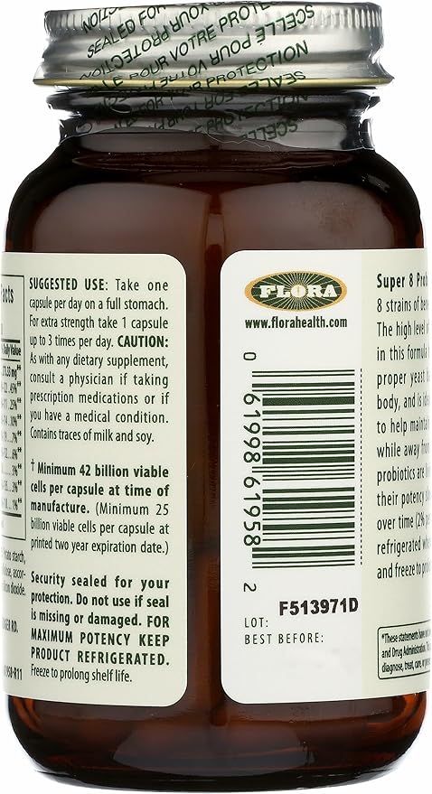 Flora Super 8 Hi Potency Probiotics 30 Count - Healthy Yeast Balance &amp Digestive Health - for Men &amp Women - 42 Billion CFU Raw Gluten Free - Up to 1 Month Supply