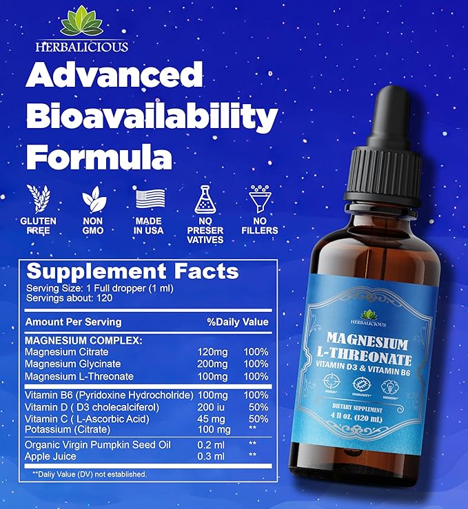 HERBALICIOUS Magnesium Complex Liquid with Vitamin D3 &amp B6 – High Absorption Citrate Glycinate &amp L-Threonate – Supports Energy Mood Relaxation Bone Health &amp Immunity – 4 oz Liquid Drop
