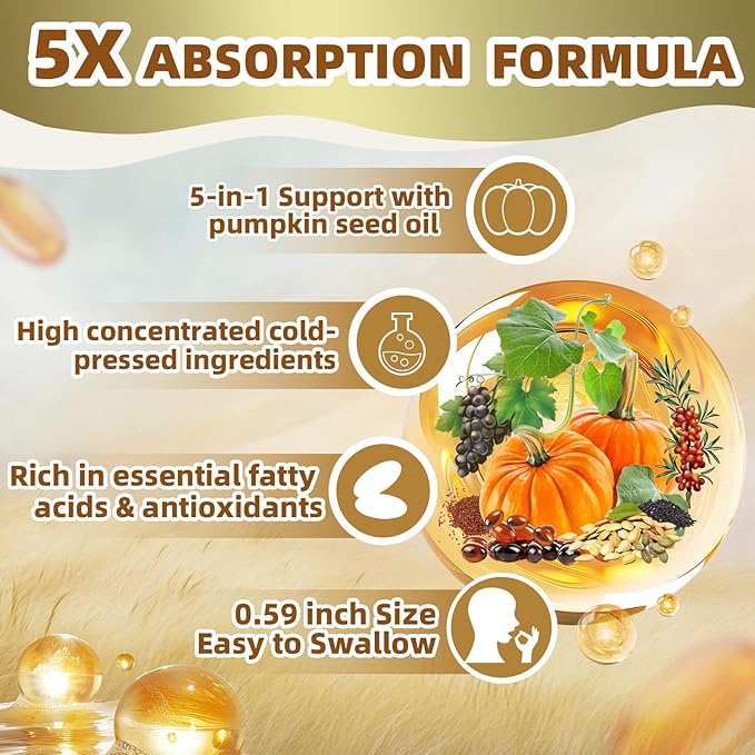 Five Seeds Supreme Oil 300 Softgels | 5 in 1 Pumpkin Seed Oil Pure Sea Buckthorn Grape Flax Black Seeds | Cold Pressed Supports Hair Urinary Bladder &amp Prostate Health