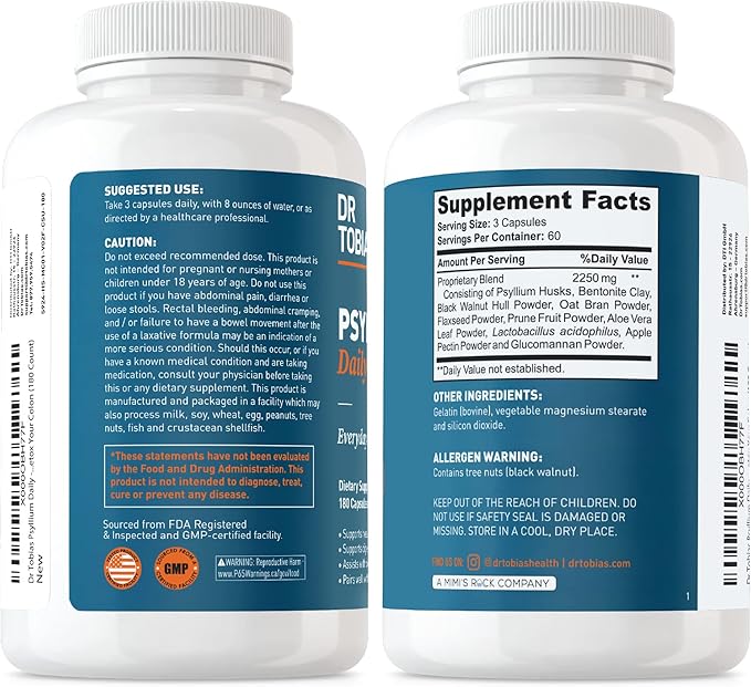 Dr. Tobias Omega 3 Fish Oil &amp Psyllium Daily Supplements for Heart Brain &amp Immune Support Healthy Bowel Movement Supports with Psyllium Husk Capsules