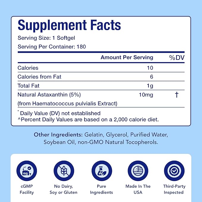 Astaxanthin Supplement for Men and Women | Antioxidant &amp Carotenoid Rich Astaxanthin 10mg From Haematococcus Pluvialis Microalgae for Eye &amp Skin Health Support (180 Day Supply) Packaging May V