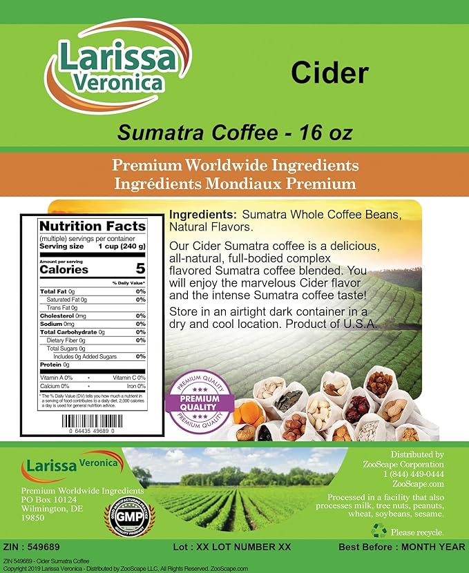 Cider Sumatra Coffee (Gourmet Naturally Flavored Whole Coffee Beans) (16 oz ZIN: 549689)