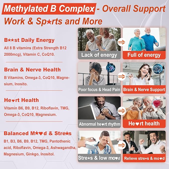 Super Methylated Vitamin B Complex Gummies - All B Vitamins + Omega-3 Magnesium CoQ10 AshwagandhaVitamin C TMG- For Women Men- Methyl B12 2000 mcg Methylfolate B1B2 B3B5B6B7- Sugar Free