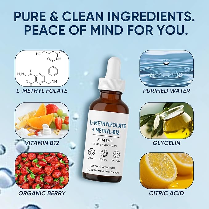 L-Methylfolate 15mg L-Methylfolate + Methyl-B12 Improved Focus and Attention Balanced Mood &amp Overall Wellness Organic Berry Flavor Liquid Sublingual Form 1fl oz