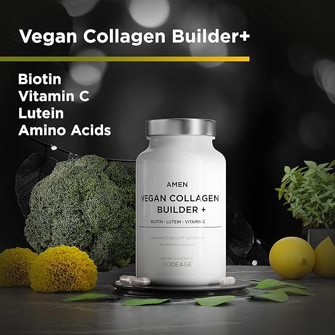 Amen Plant-Based Vegan Collagen Builder Supplement - Organic Whole Foods Lutein Vitamin C Biotin Lysine Proline Collagen Boosters - Organic Cranberry Lemon Strawberry - Once A Day - 30 Capsules