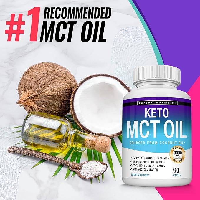 Toplux Keto MCT Oil Capsules - 3000mg Natural Pure Coconut Oil Extract Pills Source of Energy Easy to Digest for Men Women 90 Softgels Supplement