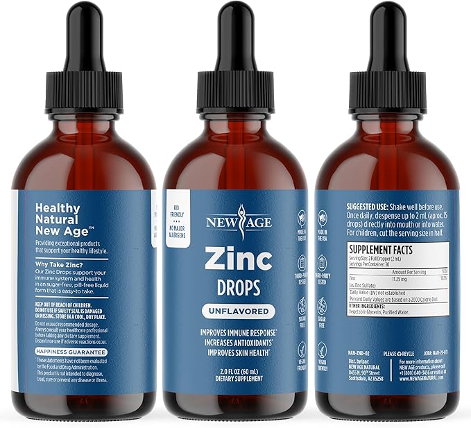 Liquid Zinc Drops for All Ages by NEW AGE - Zinc Sulfate for Immune Support Vegan Non-GMO &amp Gluten Free 60 Day Supply 2-Pack