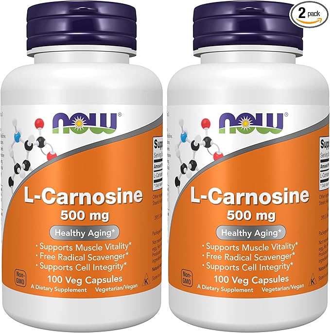 NOW Foods Supplements L-Carnosine (Beta-Alanyl-L-Histidine) 500 mg Healthy Aging 100 Veg Capsules(Pack of 2)