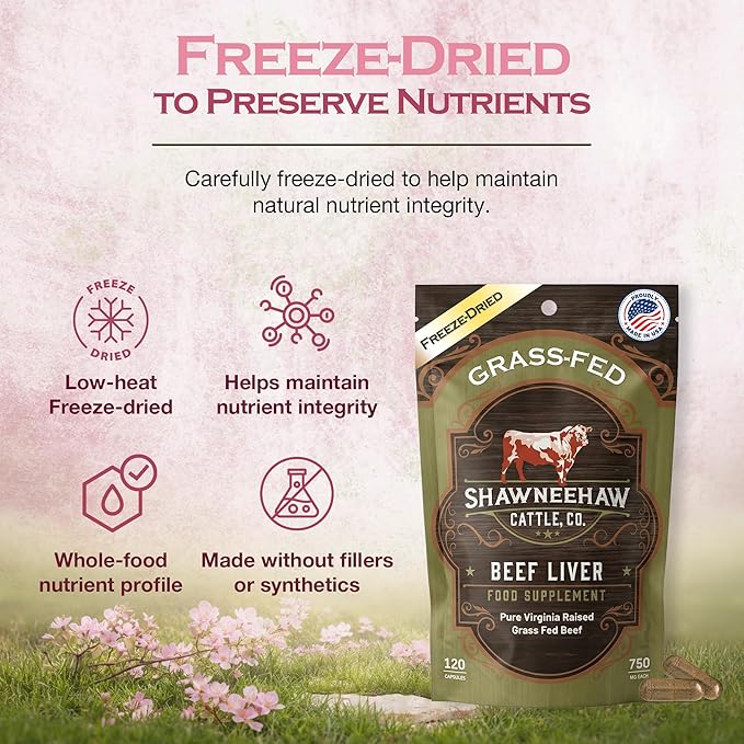 Shawneehaw Farms Grass Fed Desiccated Beef Liver Capsules (120 Pills 750 mg Each) with Vitamin A Folate Vitamin B12 - Beef Liver Supplement for Joint Support &amp Collagen