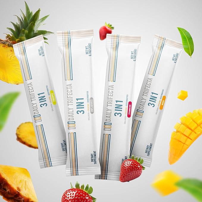 DAILY TRIFECTA 3-in-1 Collagen Creatine &amp Electrolyte Stick Packs | Type I Collagen Creatine Monohydrate Zero Sugar | 30 Natural Single-Serve Packets | Strength Hydration &amp Recovery (Unfla