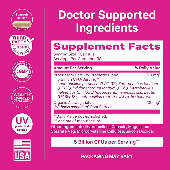 Pink Stork Fertility Support Probiotics for Women with Ashwagandha for Vaginal Health Conception pH Balance Hormone Balance and Gut Flora Fertility Supplements for Women 30 Capsules