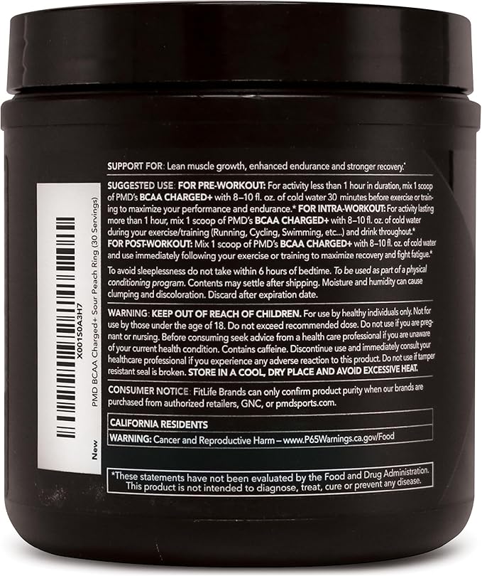 PMD Sports BCAA Charged Delicious Amino Acid Drink Mix for Performance and Recovery - Increase Muscle Function for Workout and Daily Energy - Sour Peach Ring (30 Servings)