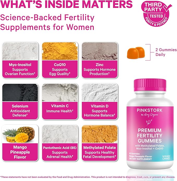 Pink Stork Premium Fertility Gummies | Fertility Supplements for Women with CoQ10 Myo-Inositol + Prenatal Vitamins | Conception Support | Hormone Balance for Women Ovarian Care - 60 Gummies