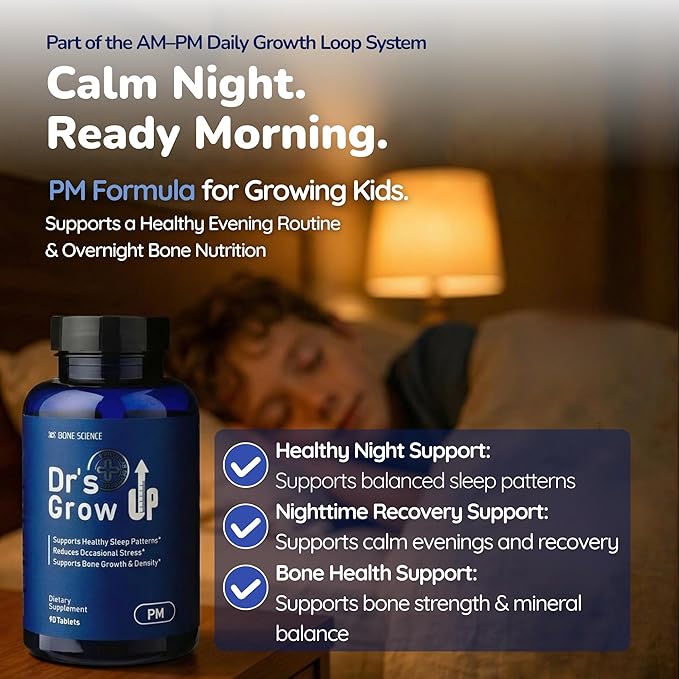 BONE SCIENCE Dr’s Grow UP AM &amp PM Bone and Growth for Kids and Teens Day and Night System Daily Formula with Highly Absorbable Essential Minerals Vitamin D3 and K2 (MK-7)