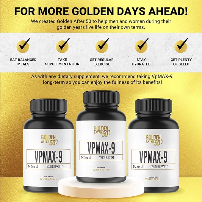 Golden After 50 VpMax-9 - Sight Care and Antioxidant Supplement with Eye Vitamins Lutein Lycopene and Bilberry Extract - 3 Bottles