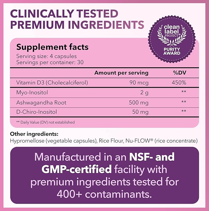 Intimate Rose Myo-Inositol &amp D-Chiro Inositol Blend - 40:1 Blend Ratio - Women's Daily Wellness Support - Vitamin D &amp Ashwagandha 3 Bottles